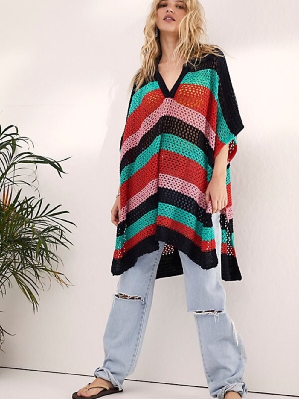 Free People Bayside Stripe Sweater Poncho Crocheted